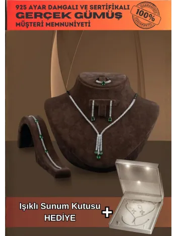 Berva Bayan Zümrüt Taşlı Gümüş Su Yolu Set - Kolye, Bileklik, Küpe, Yüzük