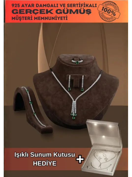 Berva Bayan Zümrüt Taşlı Gümüş Su Yolu Set - Kolye, Bileklik, Küpe, Yüzük