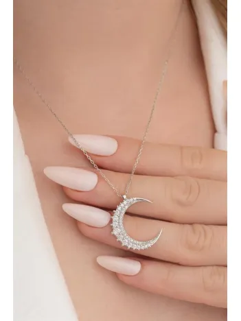 Zirkon Taşlı Hilal Model 2 Kadın Gümüş Kolye GKLGMSHLLM2-GMS
