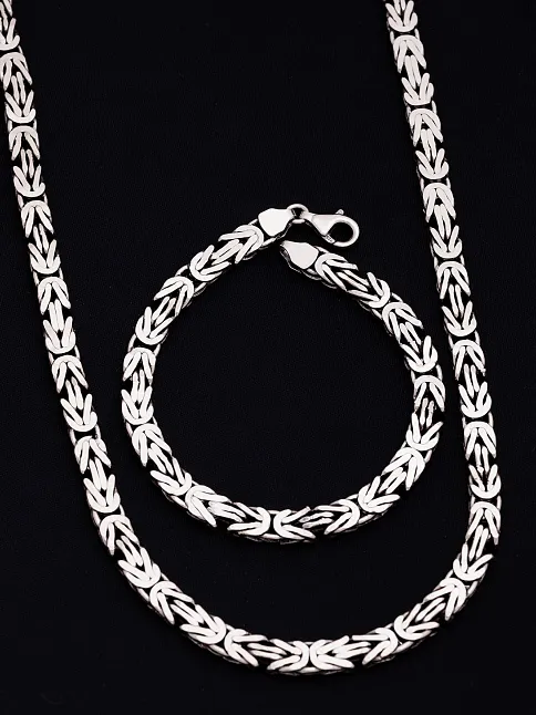 Erkek Gümüş Kolye Bileklik Set - 6.5mm Dikdörtgen Kesim Yassı Kral Gümüş Kolye Bileklik Set
