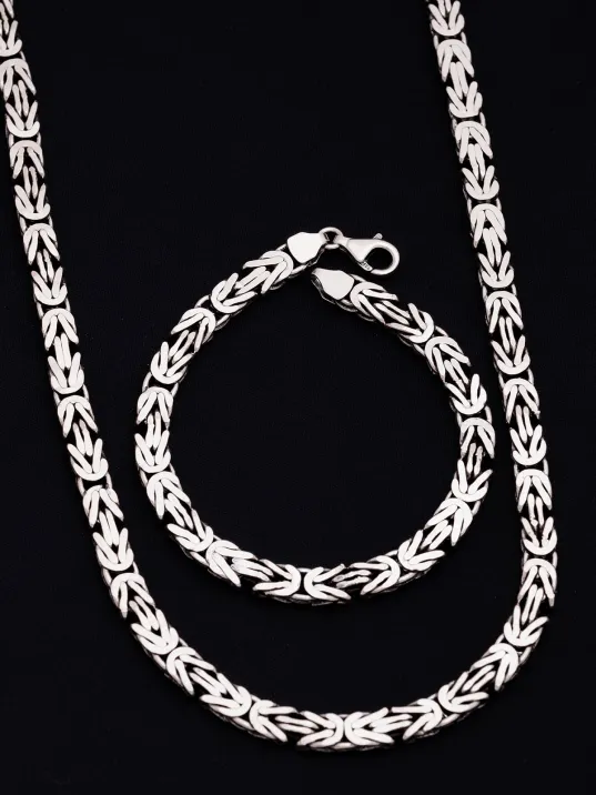 Erkek Gümüş Kolye Bileklik Set - 6.5mm Dikdörtgen Kesim Yassı Kral Gümüş Kolye Bileklik Set