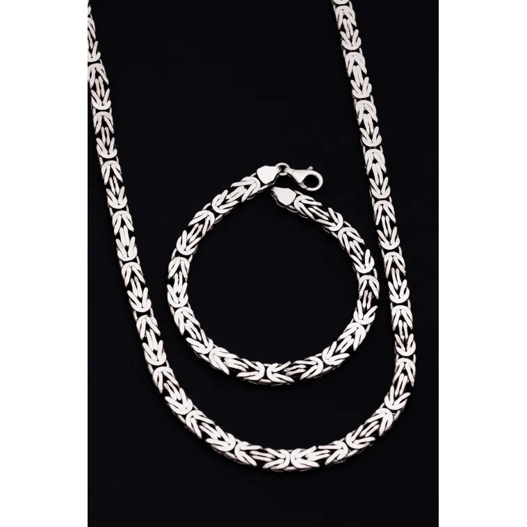 Erkek Gümüş Kolye Bileklik Set - 6.5mm Dikdörtgen Kesim Yassı Kral Gümüş Kolye Bileklik Set Erkek Gümüş Kolye Bileklik Set - 6.5mm Dikdörtgen Kesim Yassı Kral Gümüş Kolye Bileklik Set