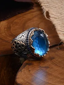 Blue Topaz Aqua Marin Taşlı Yanı İşlemeli Erkek Gümüş Yüzük