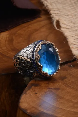 Blue Topaz Aqua Marin Taşlı Yanı İşlemeli Erkek Gümüş Yüzük
