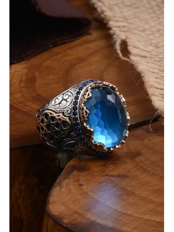Blue Topaz Aqua Marin Taşlı Yanı İşlemeli Erkek Gümüş Yüzük