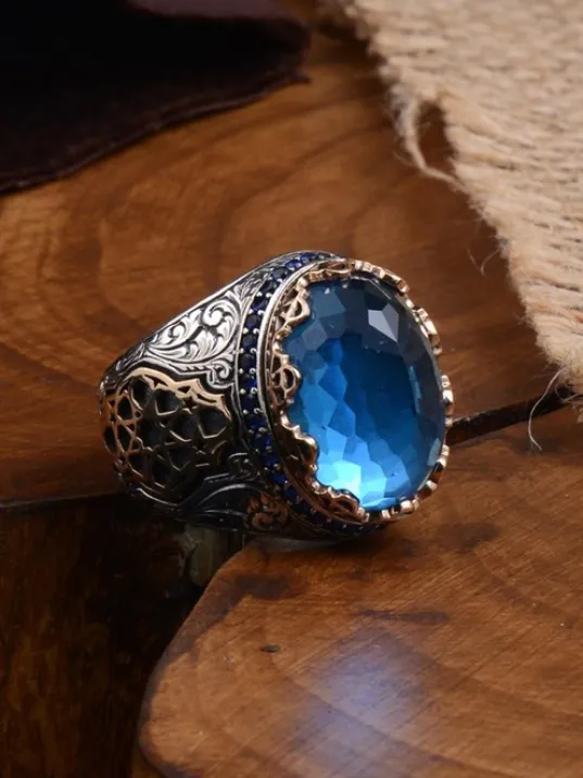 Blue Topaz Aqua Marin Taşlı Yanı İşlemeli Erkek Gümüş Yüzük