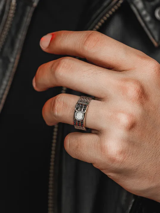 Erkek Gümüş Yüzük - Harf Yazılabilir Kral Zincirli 3 Sıra Zirkon Taşlı Erkek Yüzük