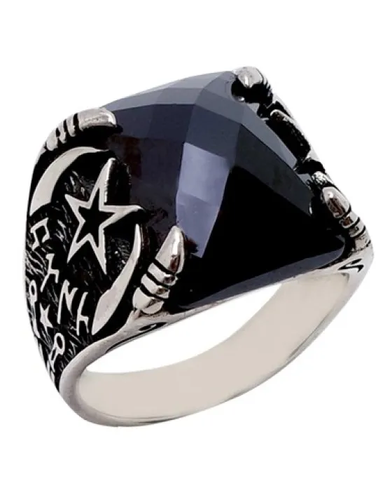 Ay Yıldızlı Ve Türk Yazılı Zirkon Taşlı Erkek Gümüş Yüzük