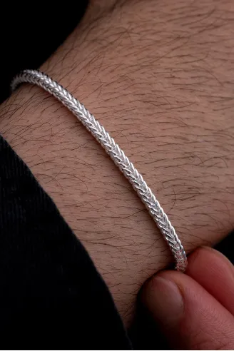 Erkek Gümüş Bileklik - 3mm Gümüş Beyaz Parlak Tilki Kuyruğu Model Erkek Bileklik