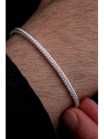 Erkek Gümüş Bileklik - 3mm Gümüş Beyaz Parlak Tilki Kuyruğu Model Erkek Bileklik