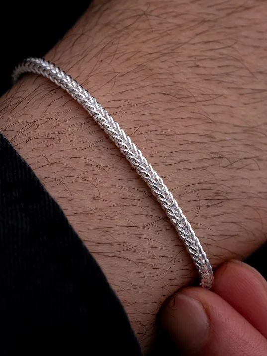 Erkek Gümüş Bileklik - 3mm Gümüş Beyaz Parlak Tilki Kuyruğu Model Erkek Bileklik