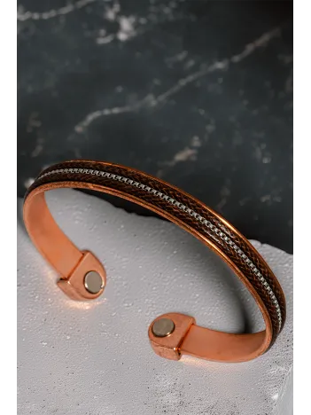 Kadın Bakır Bileklik - Ortası Küp Şeritli Kahverengi Derili Bakır Bilezik Metal Kutuda