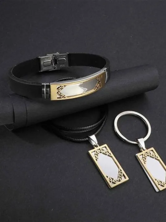 İsim Yazılabilen Altın Kaplama Çelik Erkek Bileklik Kolye Anahtarlık Set İsim Yazılabilen Altın Kaplama Çelik Erkek Bileklik Kolye Anahtarlık Set