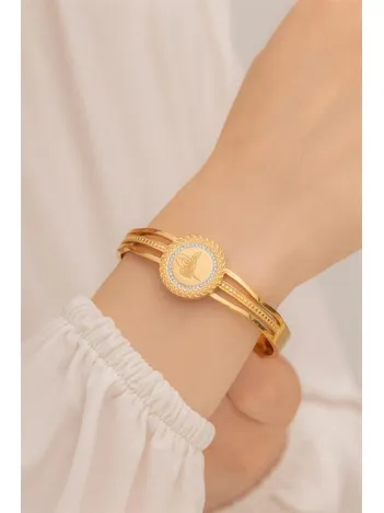 Kadın Bileklik-22 Ayar Gerçek Altın Kaplama(Kararmaz) ÇelikKadın Kelepçe- Tuğra İşlemeli Zirkon Pırlanta