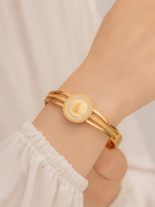 Kadın Bileklik-22 Ayar Gerçek Altın Kaplama(Kararmaz) ÇelikKadın Kelepçe- Tuğra İşlemeli Zirkon Pırlanta