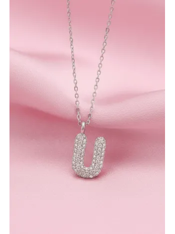 Kadın Gümüş Kolye - 925 Ayar Zirkon Taşlı Balon U Harfi Bayan Kolye