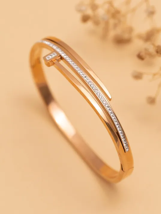 Kadın Çelik Bileklik - Altın Kaplama (KARARMAZ) Taşlı Çivi Model 3 Sıra Kadın Kelepçe