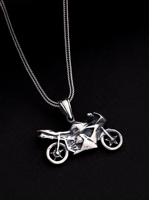 Erkek Gümüş Kolye - Motor - Motosiklet Figürlü Gümüş Erkek Kolye