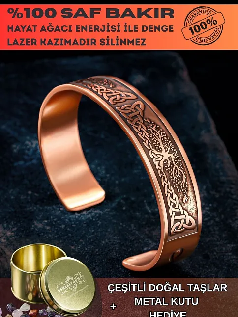 Erkek Bakır Bileklik - Viking Hayat Ağacı - YGGDRASİLL İskandinav Mitolojisi Erkek Kelepçe Bileklik