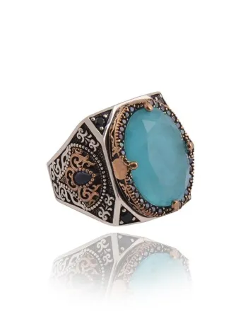 Firuze (Turkuaz) Taşlı Yanı İşlemeli Erkek Gümüş Yüzük