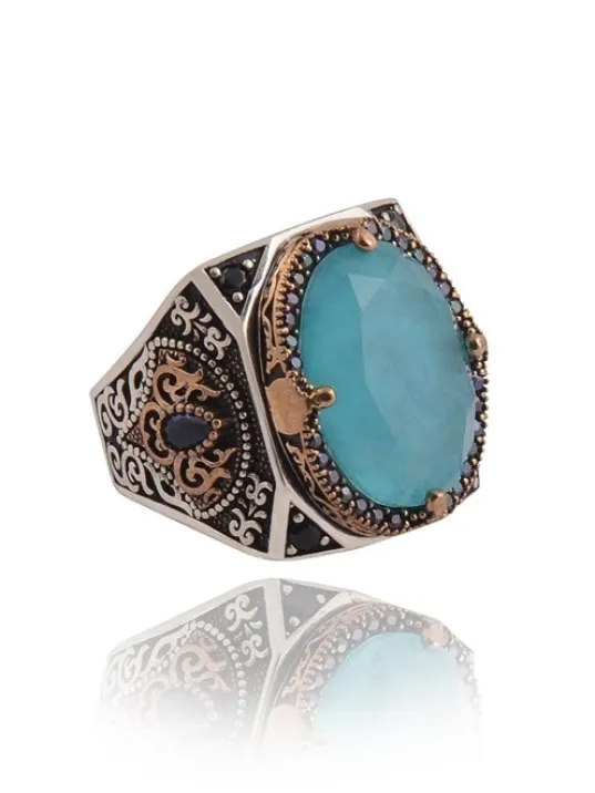 Firuze (Turkuaz) Taşlı Yanı İşlemeli Erkek Gümüş Yüzük
