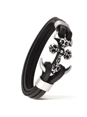 Erkek Deri Bileklik - Erkek Çelik Bileklik -  Koçbaşı Ve Çapa Figürlü Çelik Bileklik