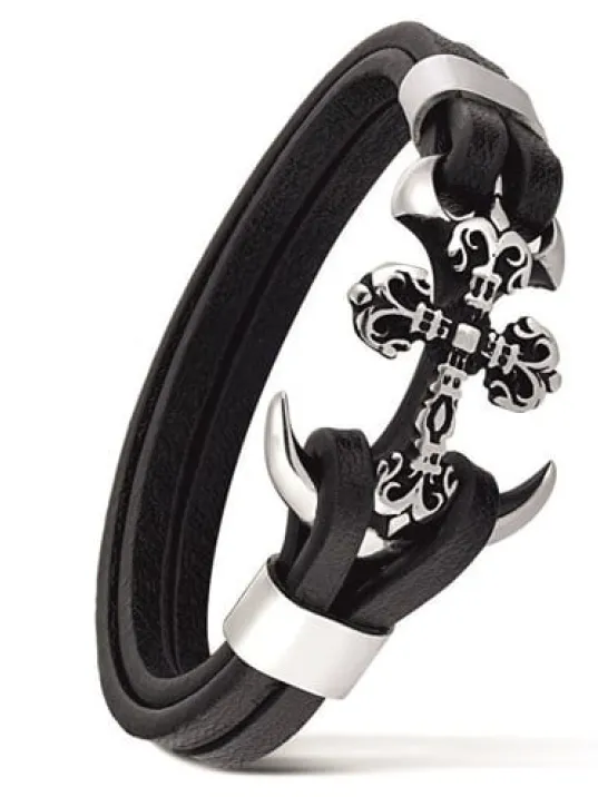 Erkek Deri Bileklik - Erkek Çelik Bileklik -  Koçbaşı Ve Çapa Figürlü Çelik Bileklik