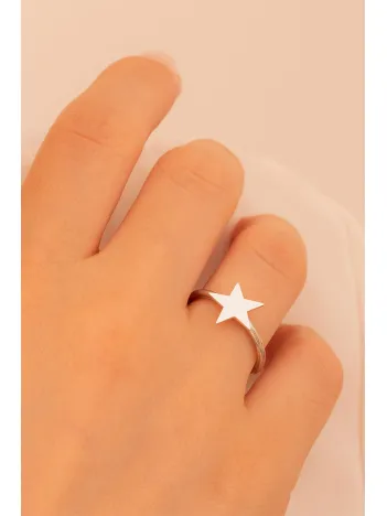 Kadın Gümüş Yüzük - El İşçiliği Gümüş Yıldız Motifli İnce Kadın Yüzük