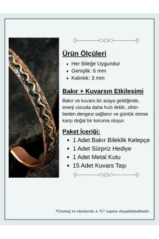 Copper Wave Bakır Kelepçe Bilezik Erkek Kadın Doğal Taşı ve Metal Kutulu