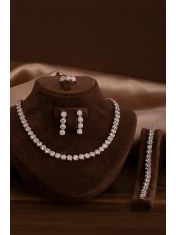 Kadın Gümüş Takı Seti - Serap Yuvarlak Model Zirkon Taşlı Kolye, Bileklik, Yüzük, Küpe Tam Set