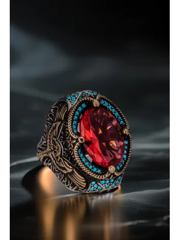 Erkek Zultanit Taşı Yanı Kartal İşlemeli Turkuaz Zirkon Taşlı Süslemeli 925 Ayar Gümüş Yüzük