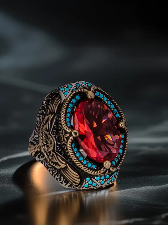 Erkek Zultanit Taşı Yanı Kartal İşlemeli Turkuaz Zirkon Taşlı Süslemeli 925 Ayar Gümüş Yüzük