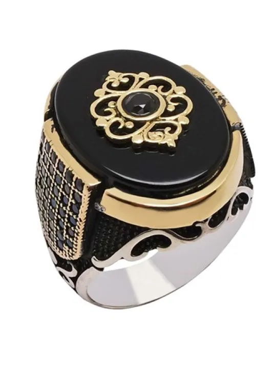 Nano Taş Detaylı Oniks Taşlı Otantik Gümüş Erkek Yüzük