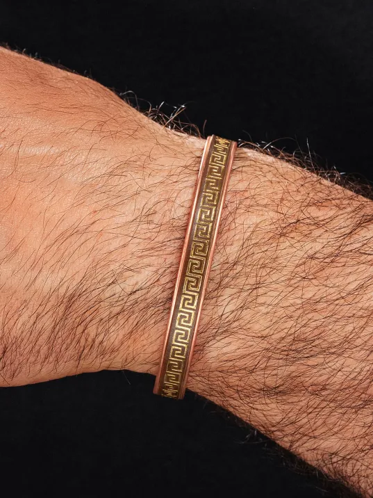 Erkek Kadın Bakır Bileklik - Altın Kaplama Hakiki Deri Grek İşlemeli Mıknatıslı Metal Kutu Doğal Taşlar