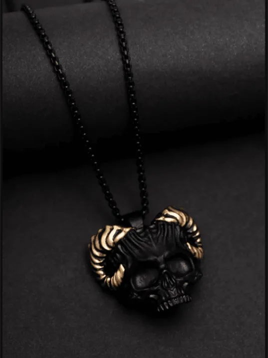 Erkek Kolye - Gotik Boynuzlu Kurukafa Model Erkek Çelik Kolye - 316 L Paslanmaz Çelik
