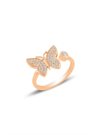 Zirkon Taşlı Kelebek Motifli Model 2 Rose Gümüş Kadın Yüzük GYZKLBKMDL2-GMS