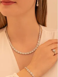 Kadın Gümüş Takı Seti - Mehtap Baget Taşlı Kolye, Bileklik, Yüzük, Küpe Tam Set