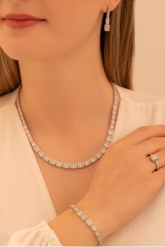 Kadın Gümüş Takı Seti - Mehtap Baget Taşlı Kolye, Bileklik, Yüzük, Küpe Tam Set