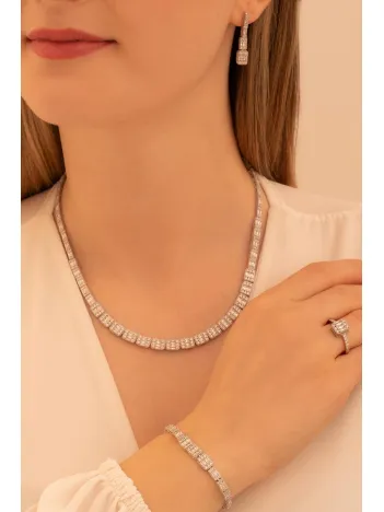 Kadın Gümüş Takı Seti - Mehtap Baget Taşlı Kolye, Bileklik, Yüzük, Küpe Tam Set