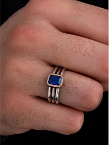 Erkek Gümüş Yüzük - Lacivert Safir Taşlı İnce Kibar Erkek Yüzüğü