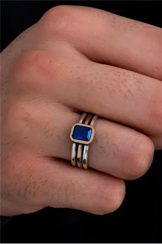 Erkek Gümüş Yüzük - Lacivert Safir Taşlı İnce Kibar Erkek Yüzüğü