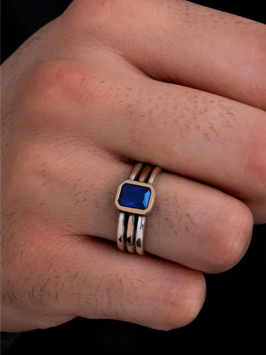 Erkek Gümüş Yüzük - Lacivert Safir Taşlı İnce Kibar Erkek Yüzüğü