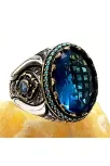 Blue Topaz Aquamarin Taşlı Gümüş Erkek Yüzük