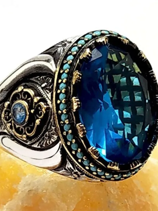 Blue Topaz Aquamarin Taşlı Gümüş Erkek Yüzük