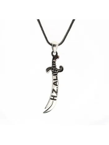Hz.Ali Yazılı Gümüş Zülfikar Kılıcı Erkek Kolye Zincir Büyük Boy