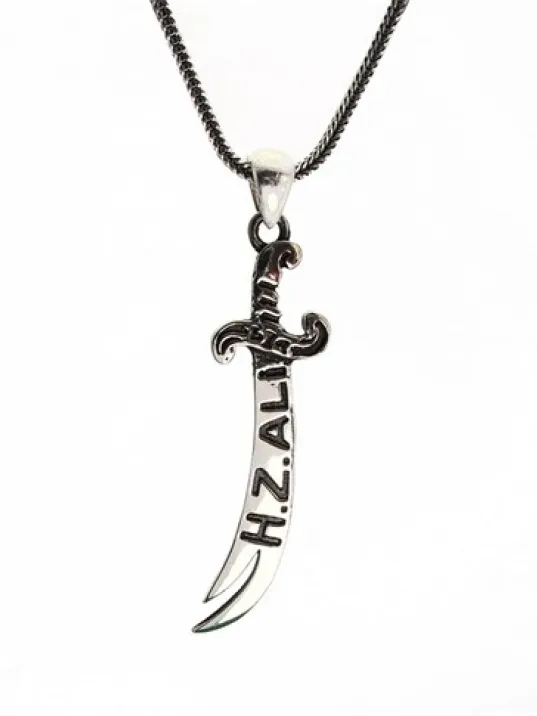 Hz.Ali Yazılı Gümüş Zülfikar Kılıcı Erkek Kolye Zincir Büyük Boy