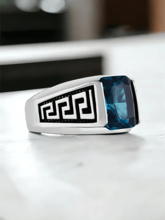 Erkek Gümüş Yüzük - Aquamarin Taşlı Kare Erkek Gümüş Yüzük