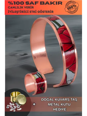 Kadın Bakır Bileklik Yüzük Set - Chlara Model Özel Baskı Metal Kutu Ve Kuvars Taşı