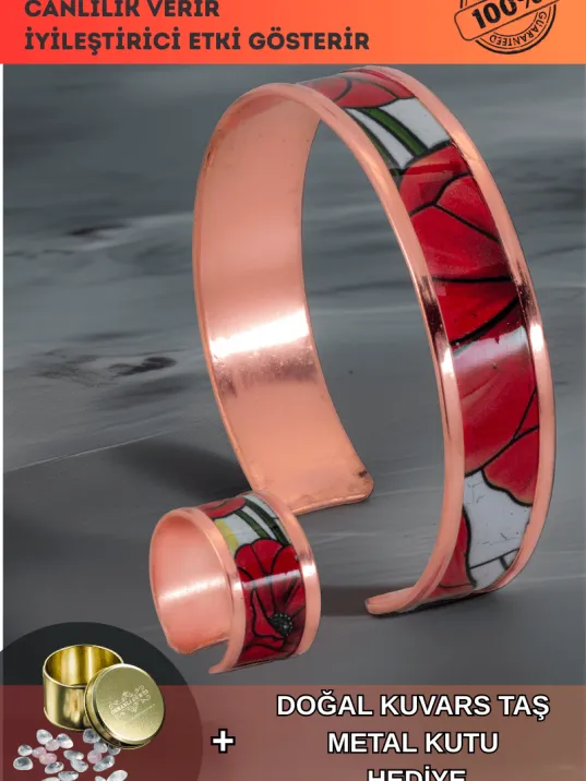 Kadın Bakır Bileklik Yüzük Set - Chlara Model Özel Baskı Metal Kutu Ve Kuvars Taşı Kadın Bakır Bileklik Yüzük Set - Chlara Model Özel Baskı Metal Kutu Ve Kuvars Taşı