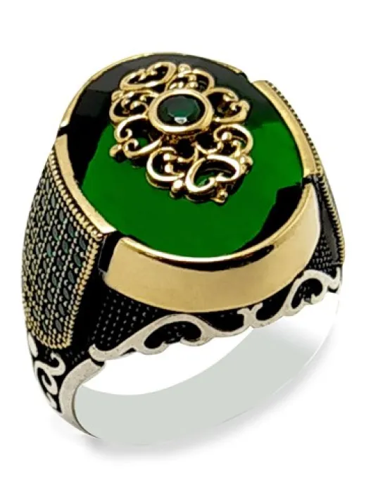 Yeşil Zirkon Taşlı Otantik Tasarım Gümüş Erkek Yüzük